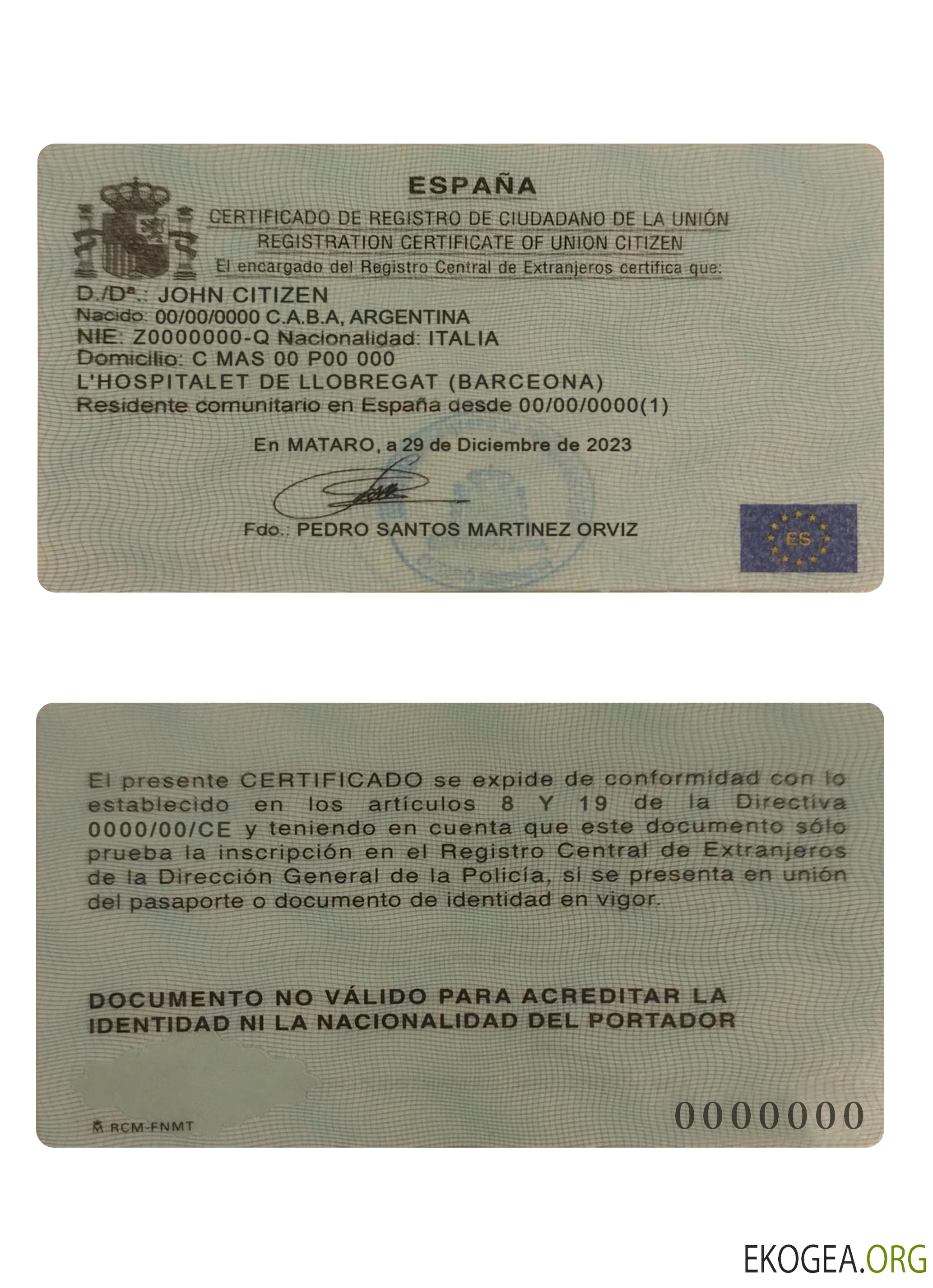Certificat d'enregistrement espagnol de citoyen de l'Union